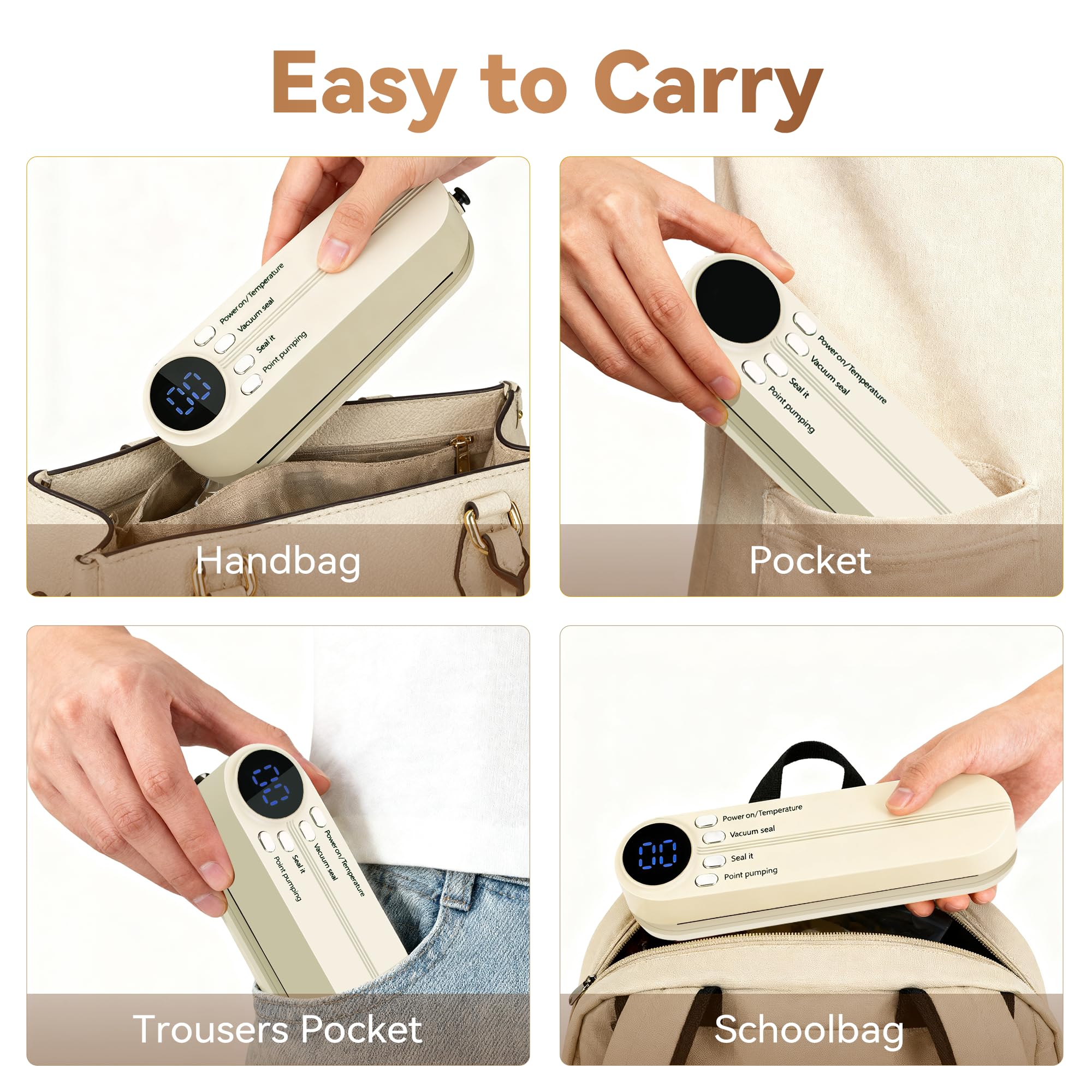 QWUE three-speed temperature control adapts to bag thickness.