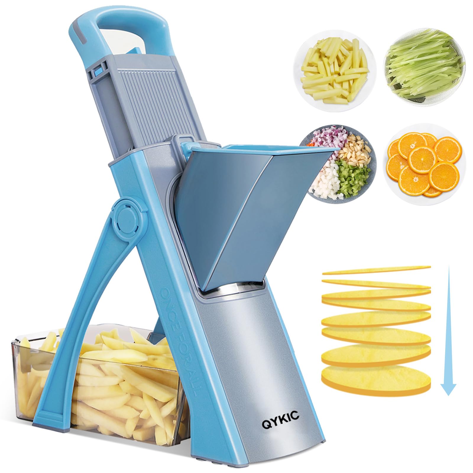 QYKIC Upgrade Safe Mandoline Slicer product shot shows a safe, versatile kitchen tool.