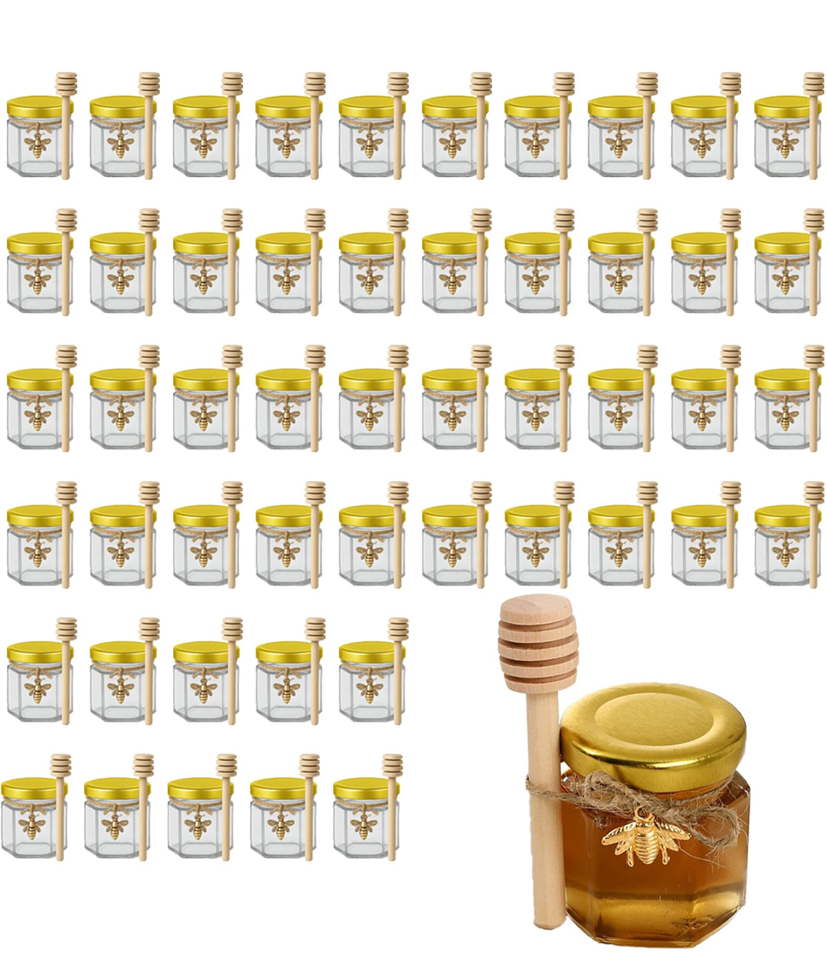 R DRURLCD hexagonal honey jars with lids and dippers ready for gifting