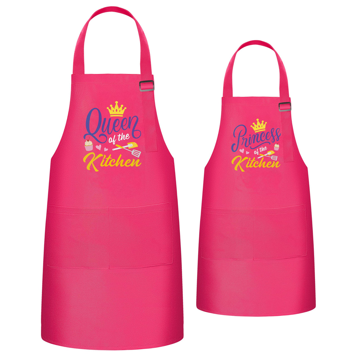 R HORSE apron set for adults and kids with matching Queen of the Kitchen design for family cooking