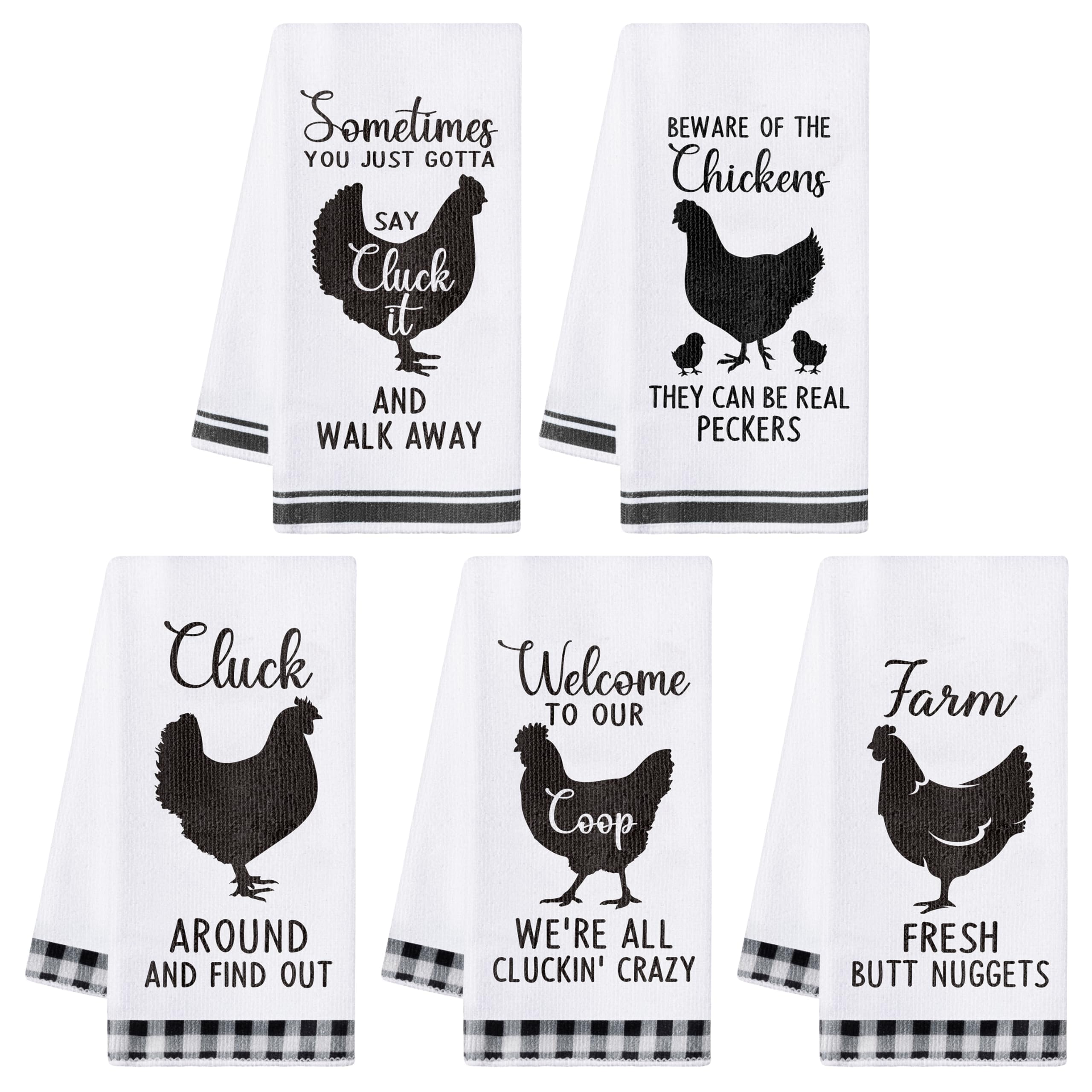 R HORSE chicken kitchen towel set prints brighten the stove while absorbing spills.