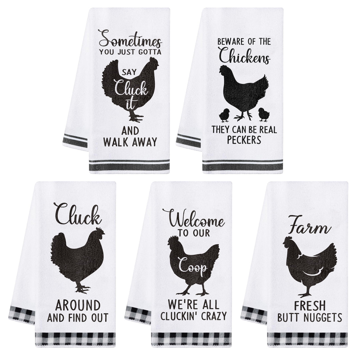 R HORSE chicken kitchen towel set prints brighten the stove while absorbing spills.