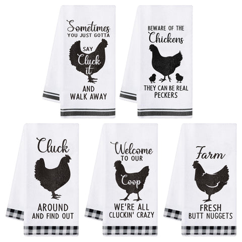 R HORSE chicken kitchen towel set prints brighten the stove while absorbing spills.