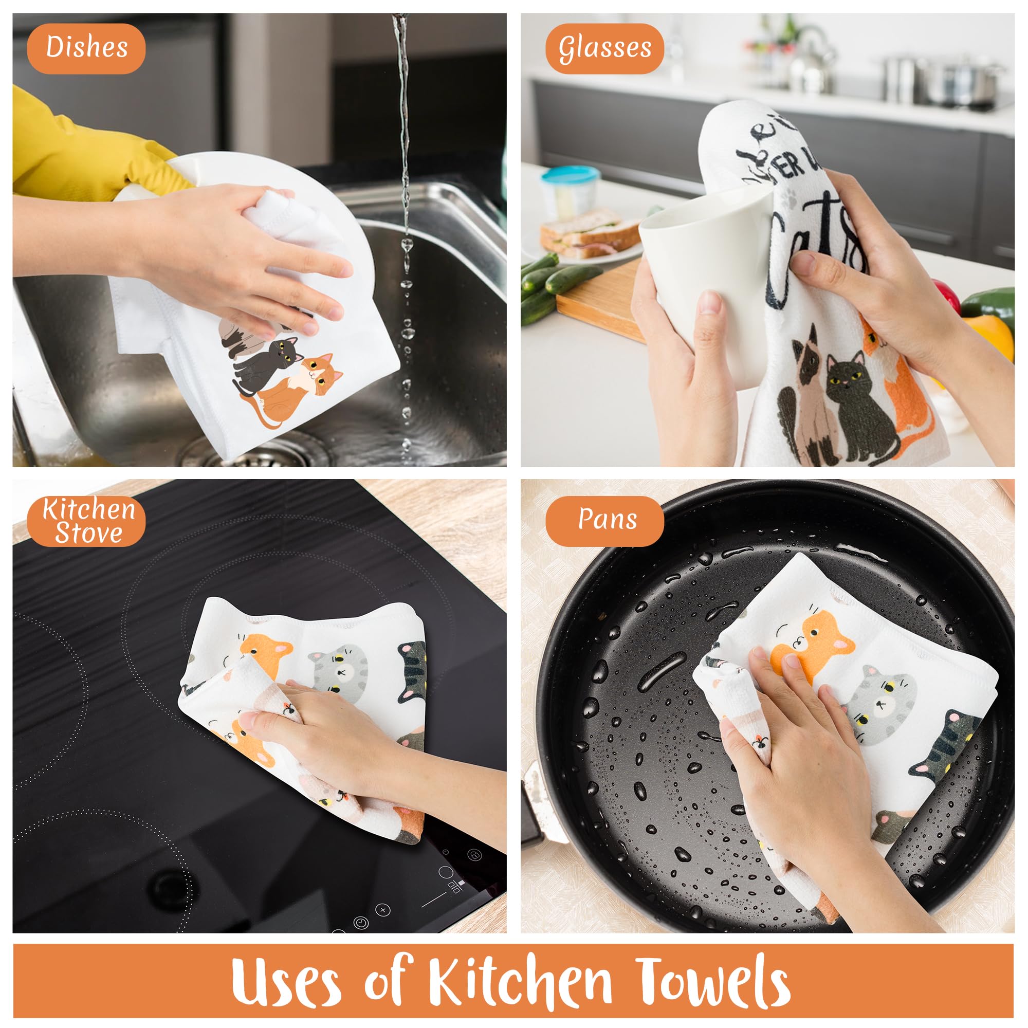 R HORSE towels decorate kitchen and bathroom spaces with cat art.