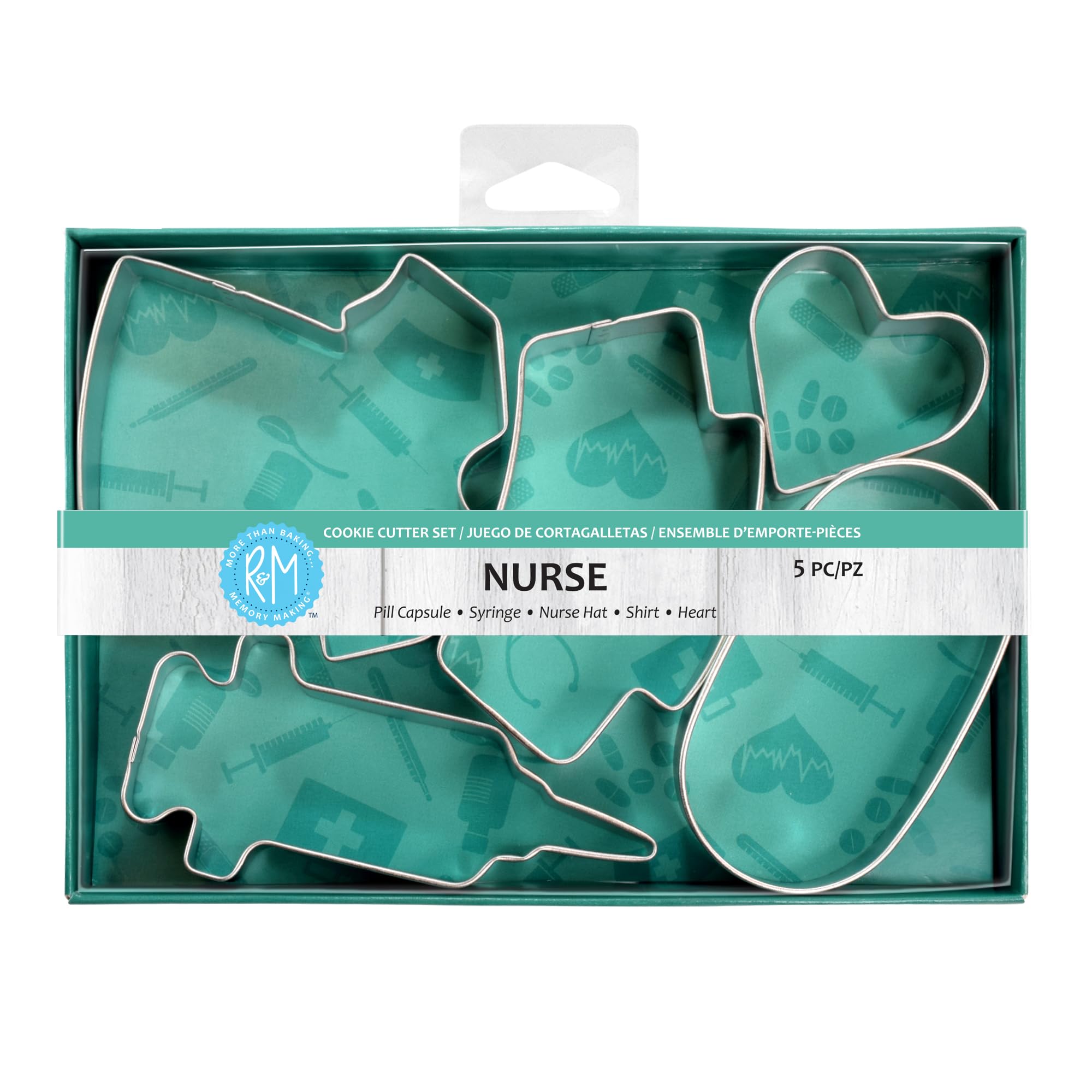 R&M Nurse cookie cutter set of 5 shows all shapes for themed party treats