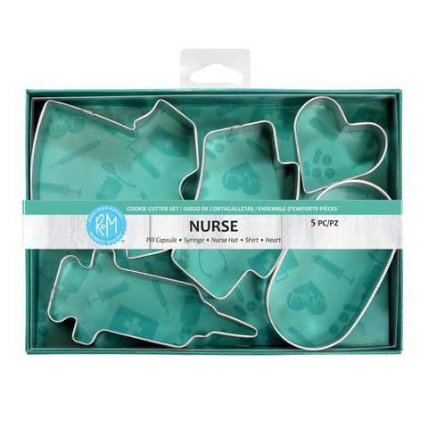 R&M Nurse cookie cutter set of 5 shows all shapes for themed party treats