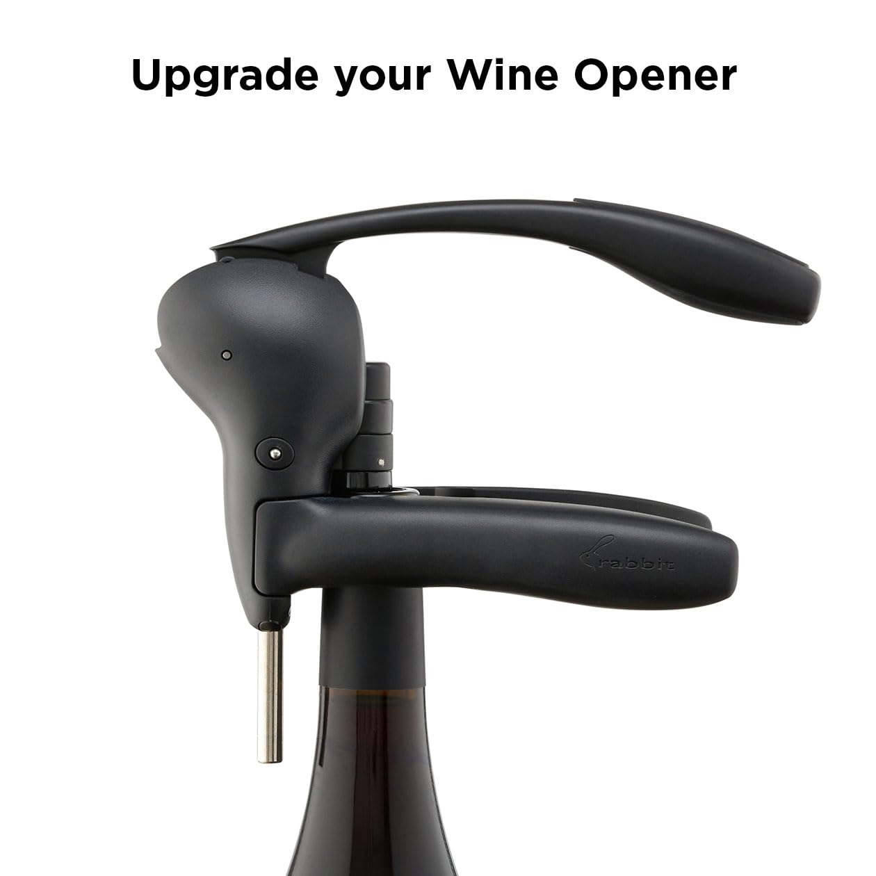 Rabbit lever corkscrew bottle neck grip supports comfortable opening.