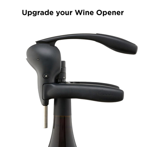 Rabbit lever corkscrew bottle neck grip supports comfortable opening.