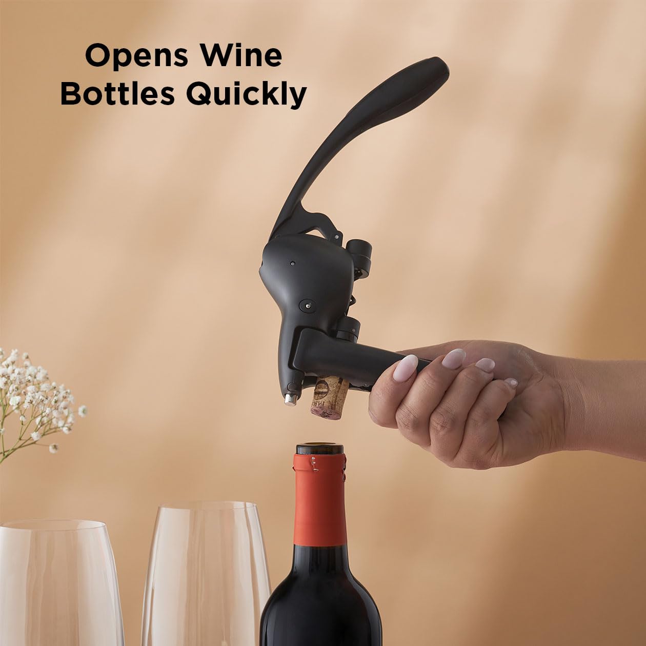 Rabbit lever corkscrew quick open saves time on corks.