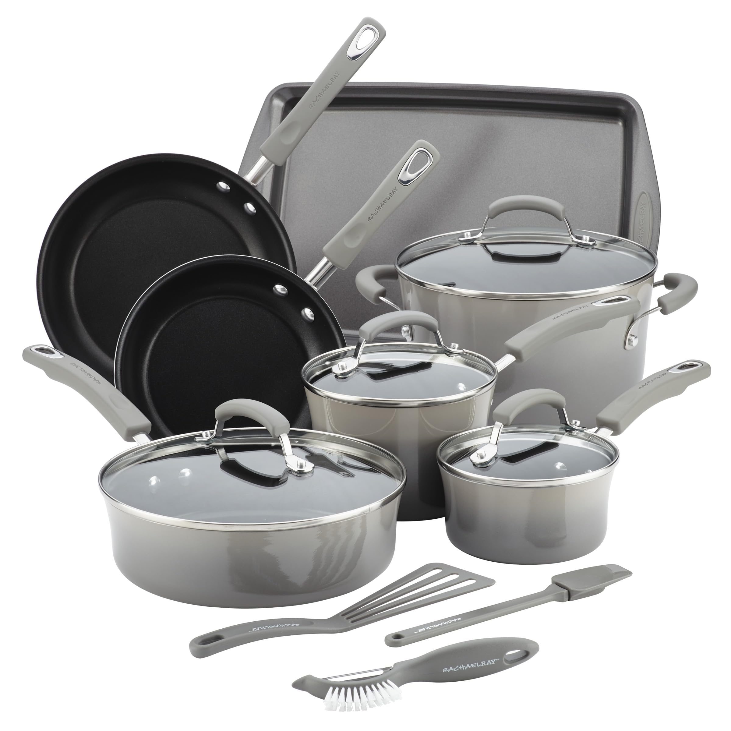 Rachael Ray Brights 14-piece set with pots and pans, showcasing durable enamel and easy food release.