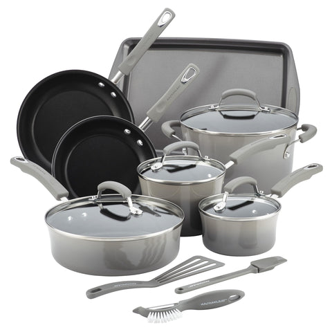 Rachael Ray Brights 14-piece set with pots and pans, showcasing durable enamel and easy food release.