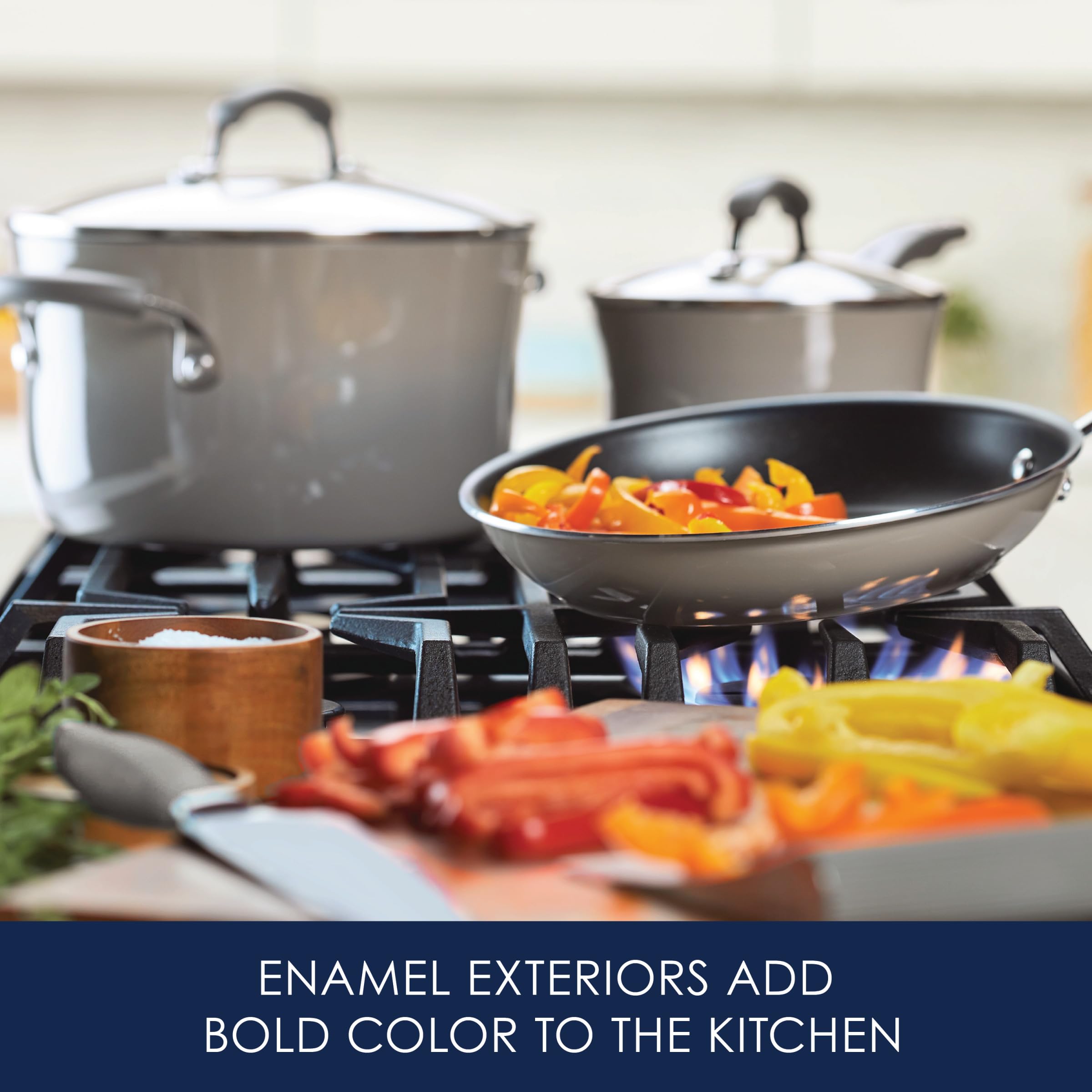 Rachael Ray Brights 3-quart sauté pan with lid provides versatile searing and simmering.