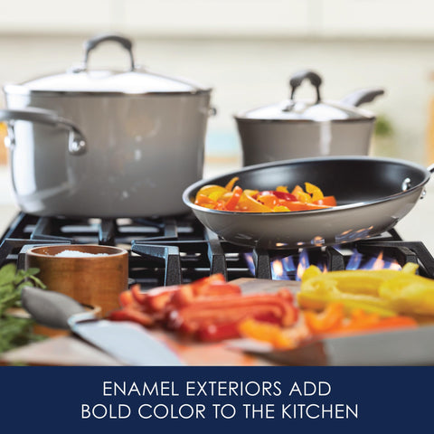 Rachael Ray Brights 3-quart sauté pan with lid provides versatile searing and simmering.