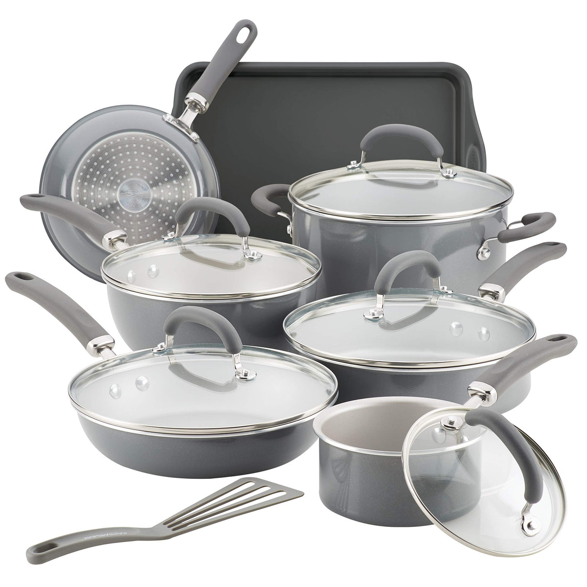 Rachael Ray Create Delicious 13-piece set front view with versatile pots for everyday meals