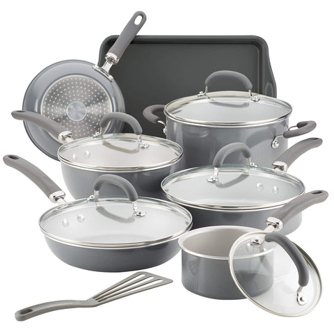 Rachael Ray Create Delicious 13-piece set front view with versatile pots for everyday meals