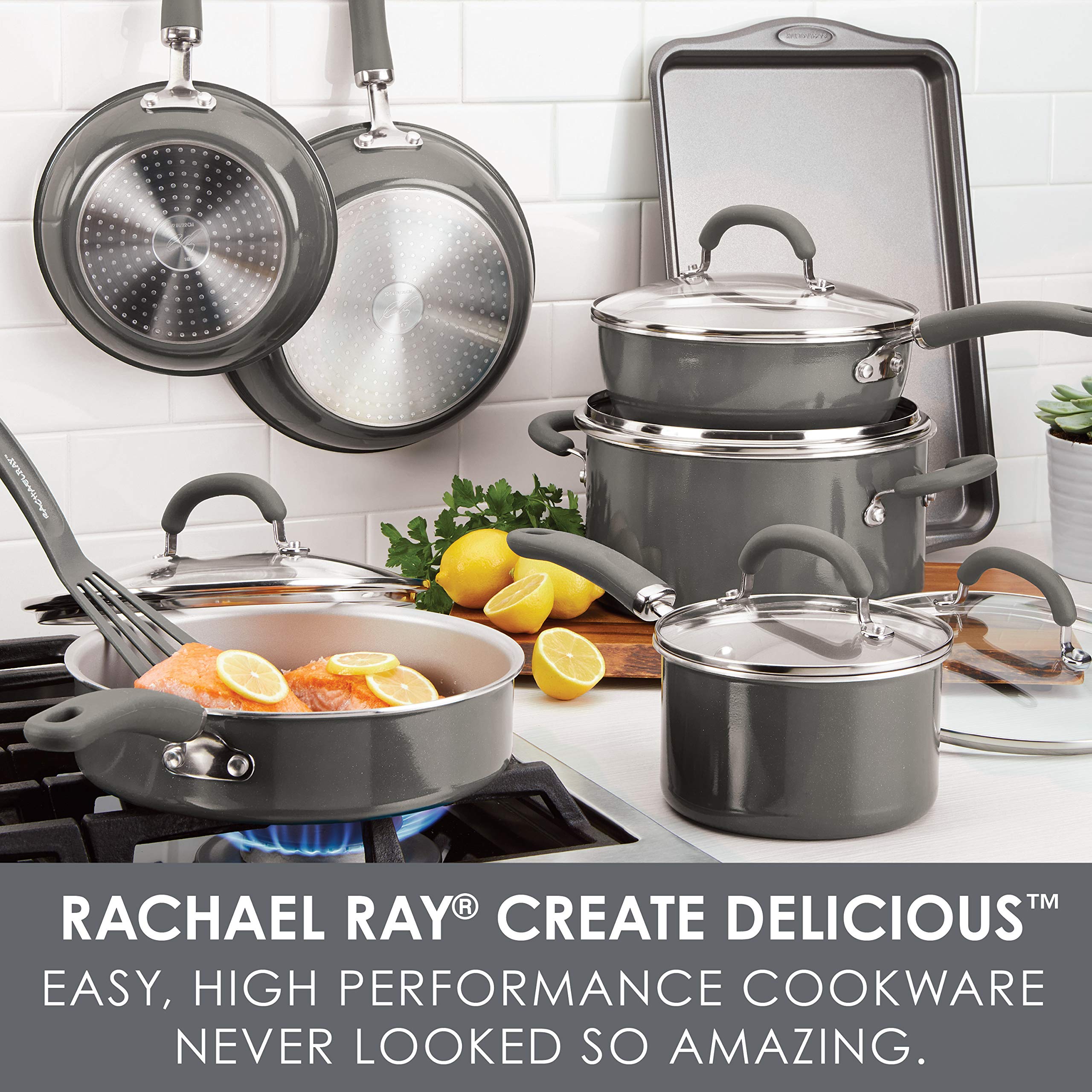 Rachael Ray Create Delicious 13-piece set pans and lids showing even-heat aluminum construction