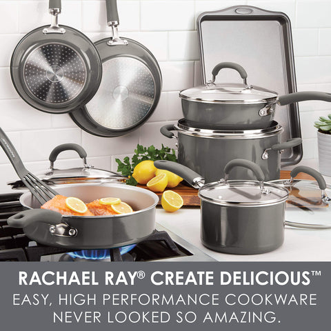 Rachael Ray Create Delicious 13-piece set pans and lids showing even-heat aluminum construction
