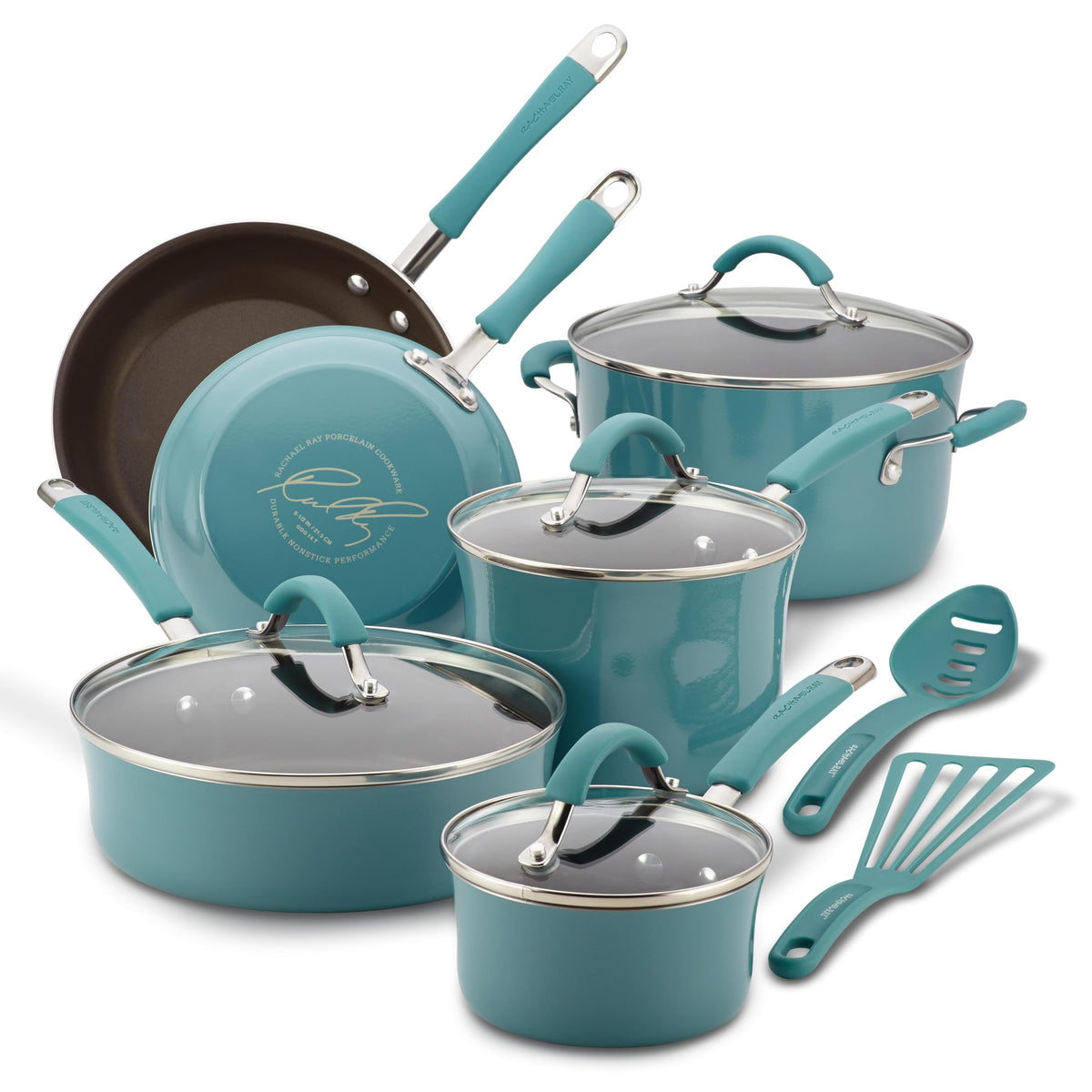 Rachael Ray Cucina 12-piece agave blue set, full view showing durable enamel exterior