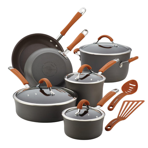 Rachael Ray Cucina 12-piece set pots and pans on stove for easy weeknight meals.