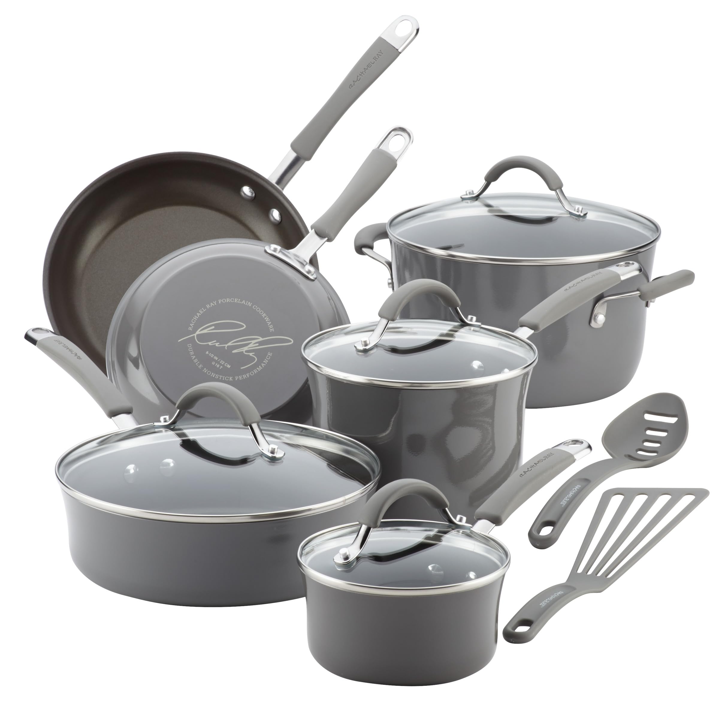 Rachael Ray Cucina 12-piece nonstick set on countertop for quick meals.