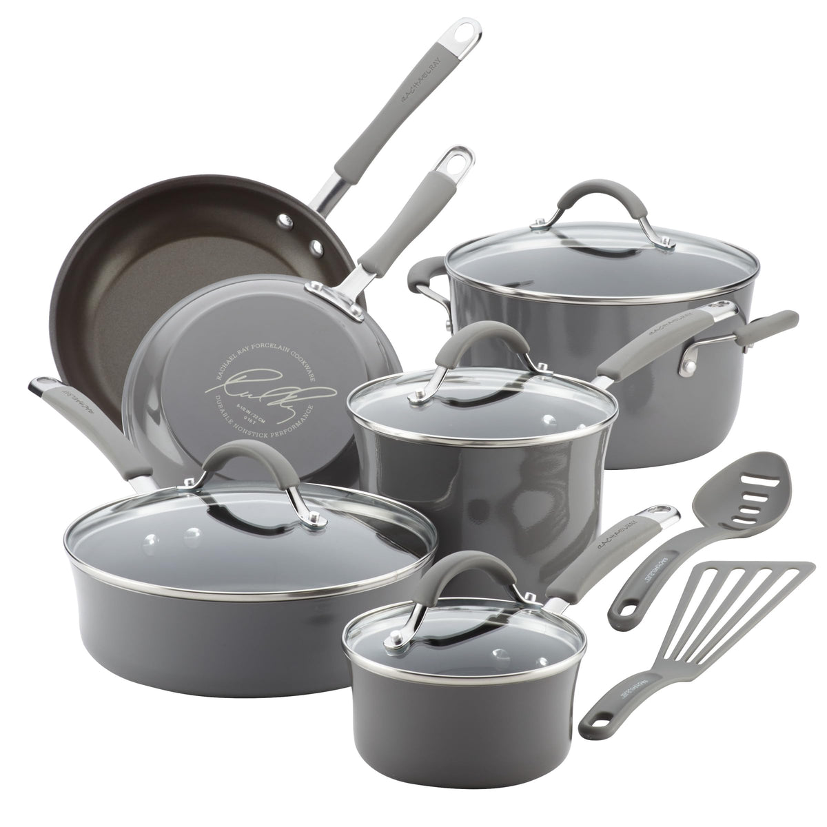 Rachael Ray Cucina 12-piece nonstick set on countertop for quick meals.