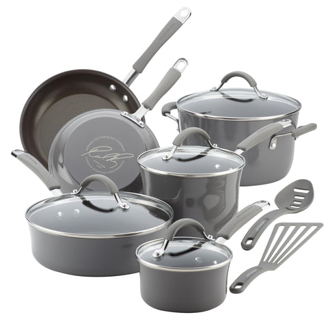 Rachael Ray Cucina 12-piece nonstick set on countertop for quick meals.