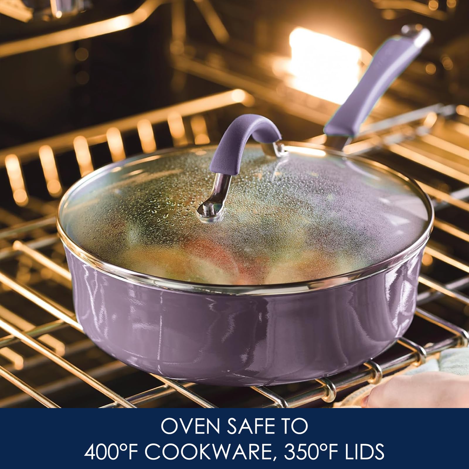 Rachael Ray Cucina lavender 3 qt sauté pan with lid for even heating and braising