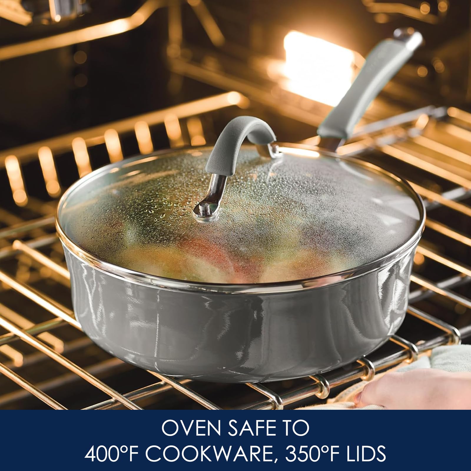 Rachael Ray Cucina 3qt sauté pan with lid for versatile sautés.