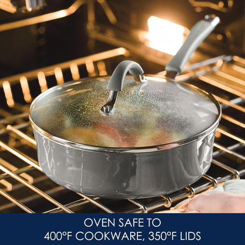Rachael Ray Cucina 3qt sauté pan with lid for versatile sautés.