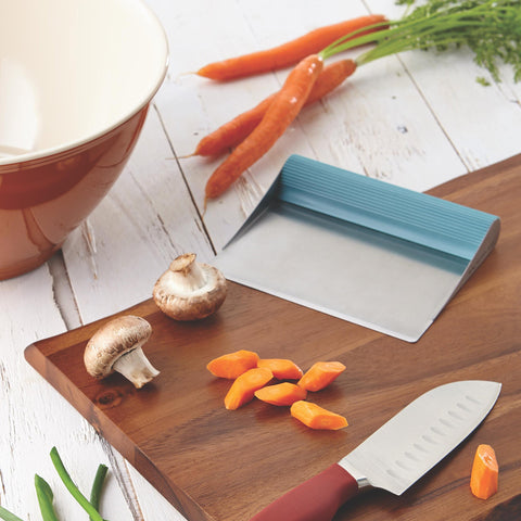 Rachael Ray Cucina bench scrape showing a large stainless steel surface for easy cleaning