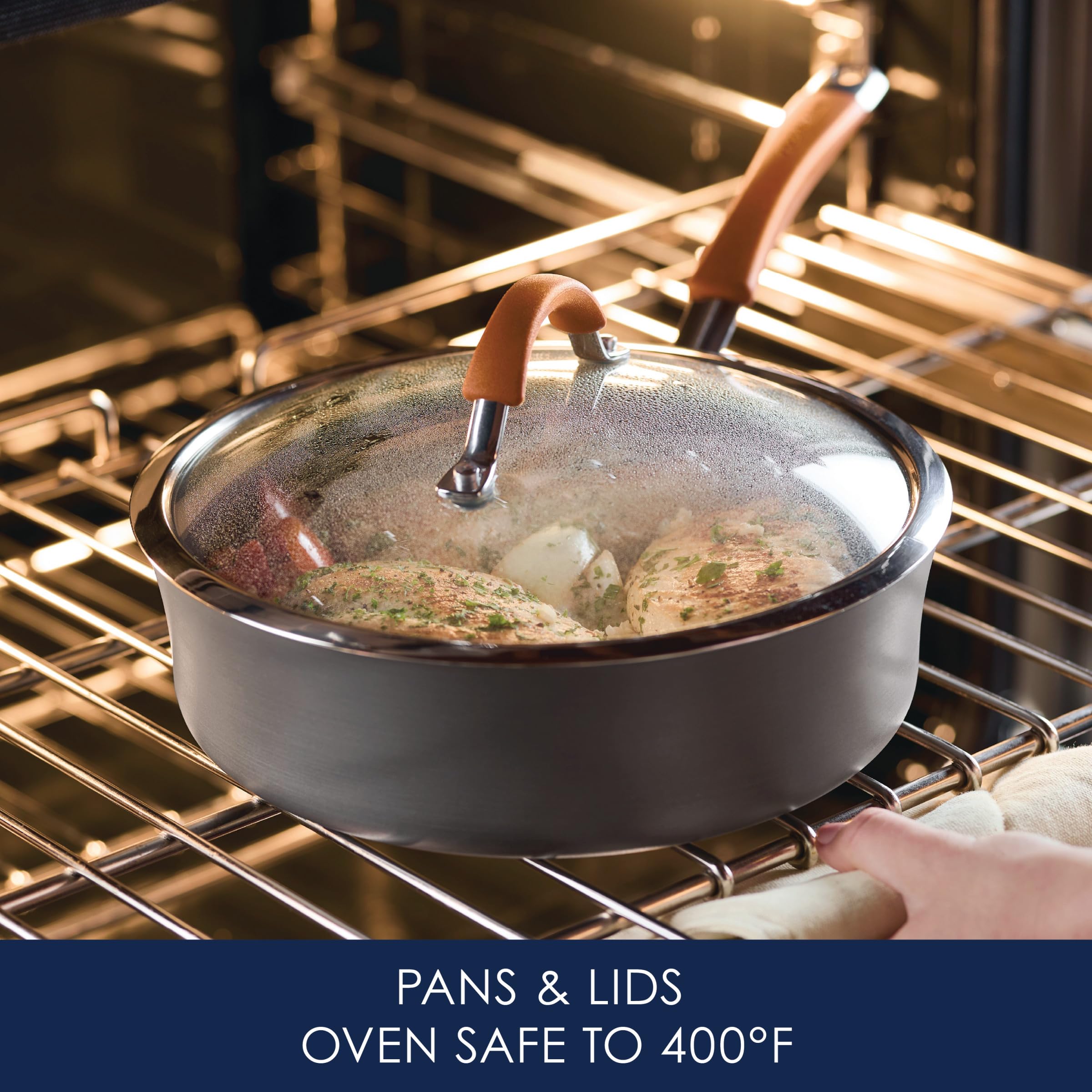 Rachael Ray Cucina 10-inch frying pan with orange handle for everyday cooking.