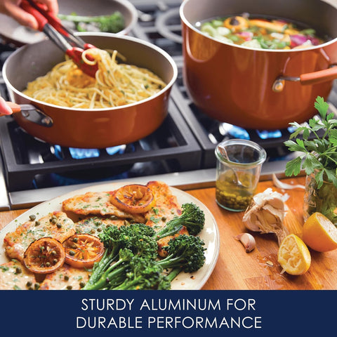 Rachael Ray Cucina 3-quart saucepan with lid offers precise simmering and heat control.