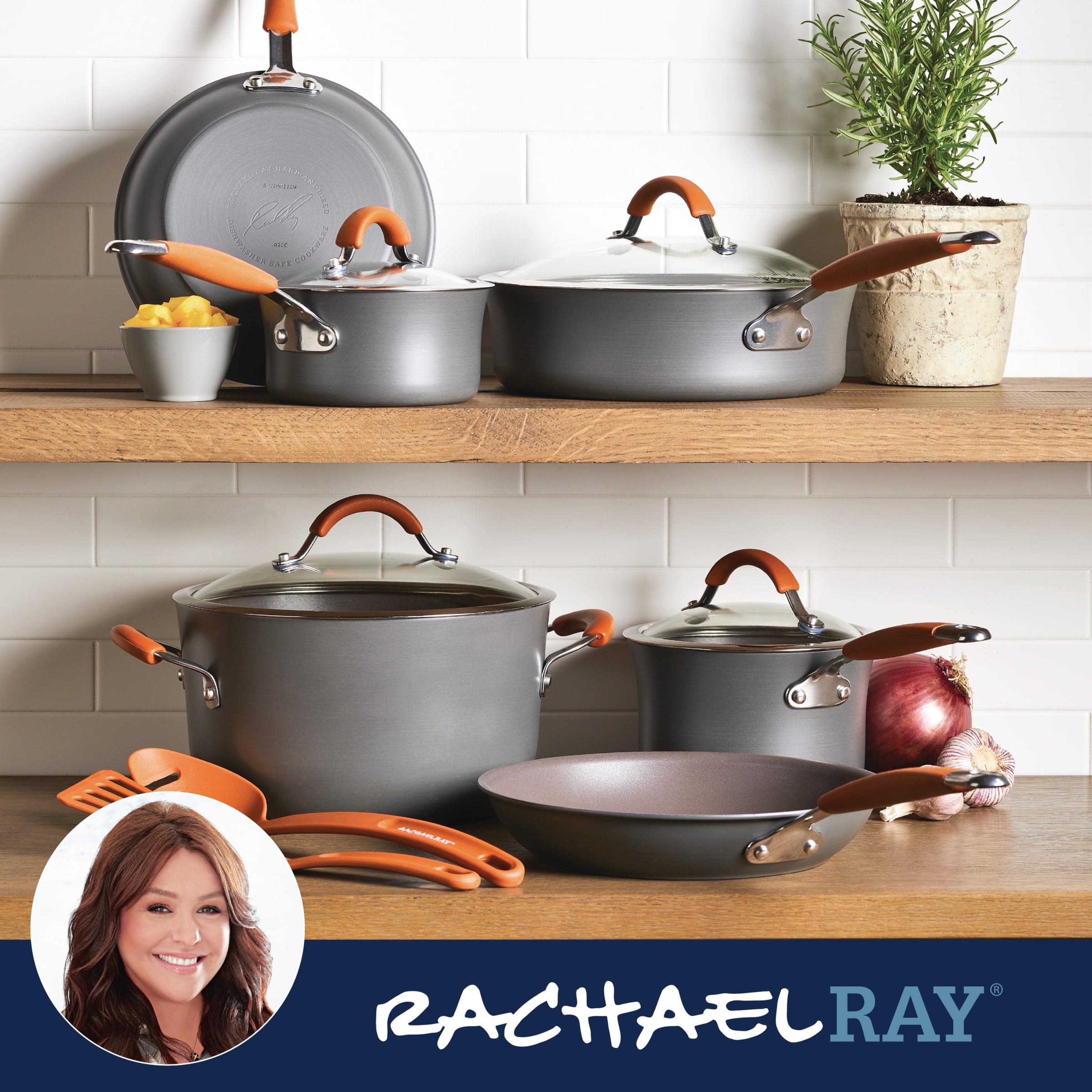 Rachael Ray Cucina 3qt sauté pan with lid for simmering sauces.