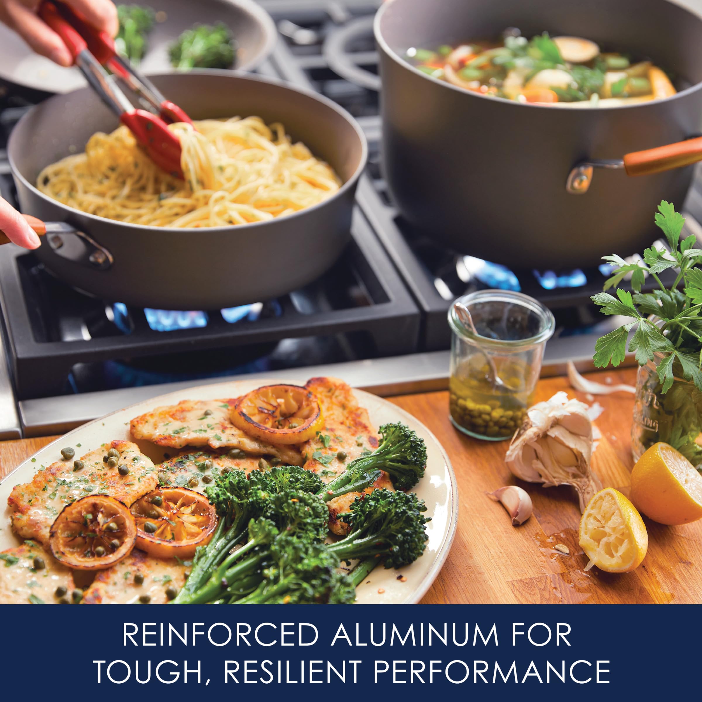 Rachael Ray Cucina 6qt stockpot with lid ideal for soups and pasta.