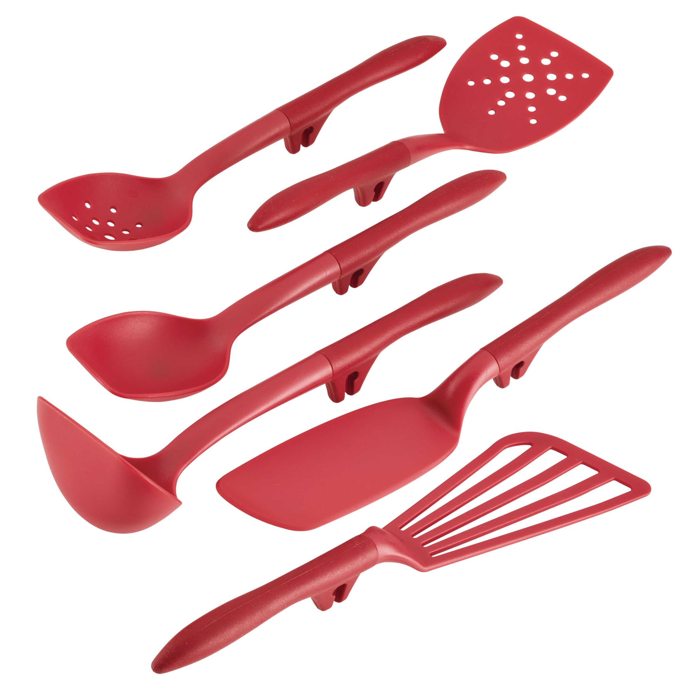 Rachael Ray Lazy Tools rest on rim, reducing drips during cooking.