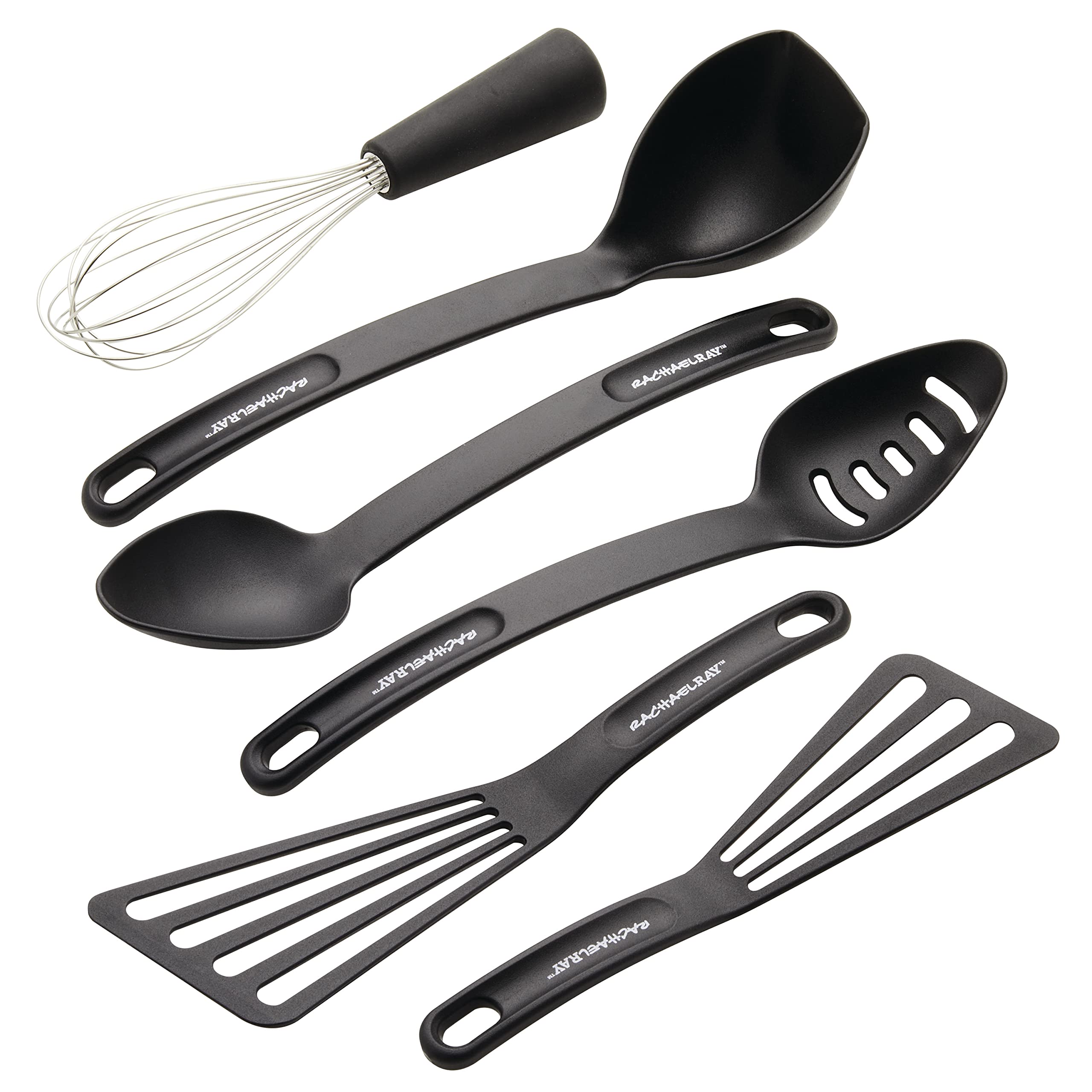 Rachael Ray 6pc black utensil set displayed on counter for versatile cooking