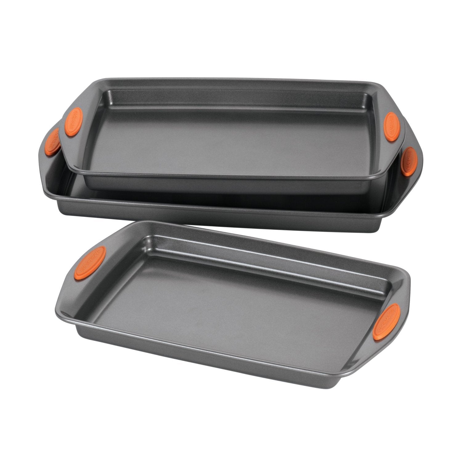 Rachael Ray Yum-o 9x13 cookie sheet shows gray surface with orange grips.
