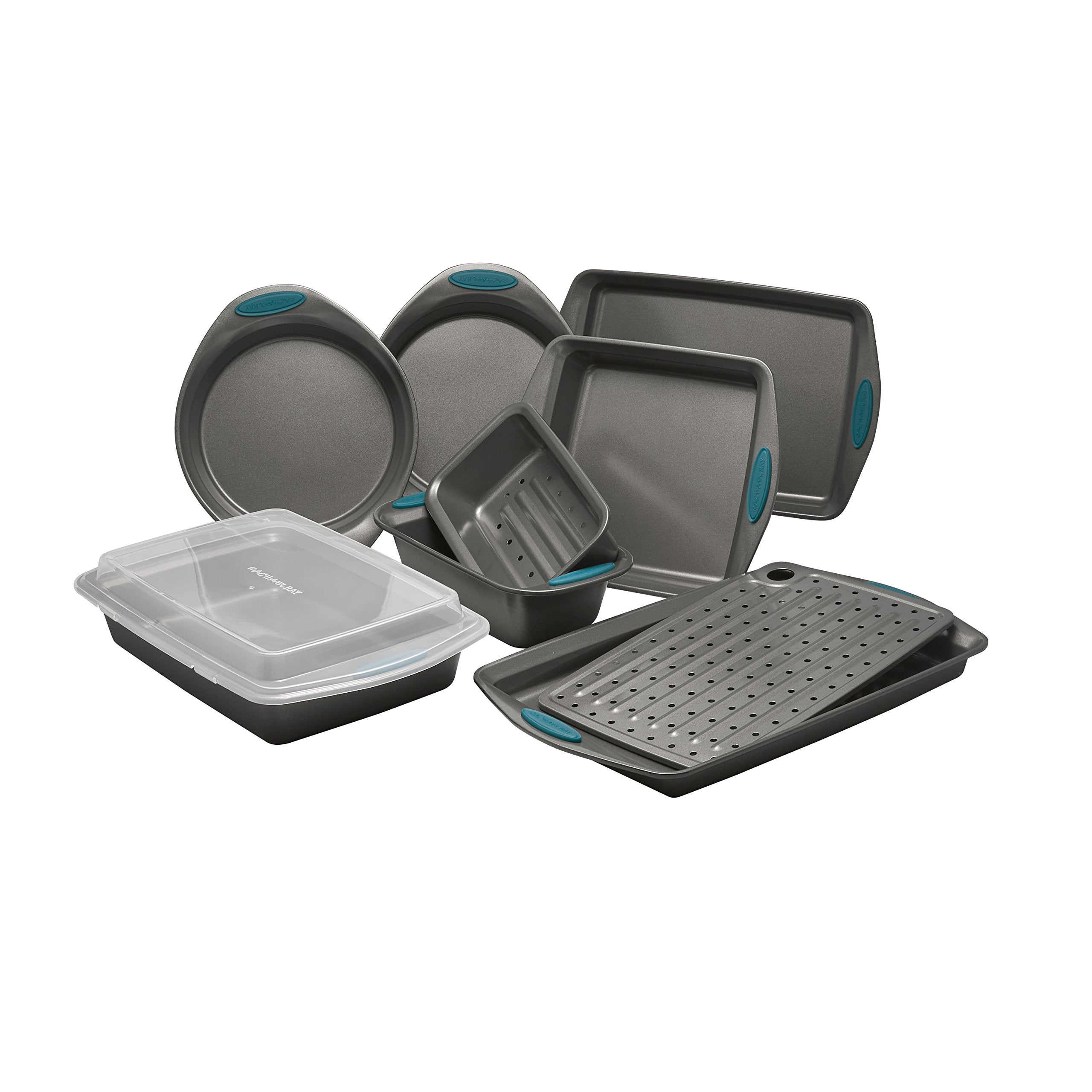 Rachael Ray Yum-o nonstick bakeware 10-piece set for easy cake and sheet pan meals.