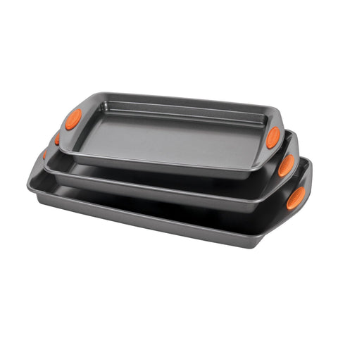 Rachael Ray Yum-o nonstick bakeware 3-piece gray set ready for easy food release.