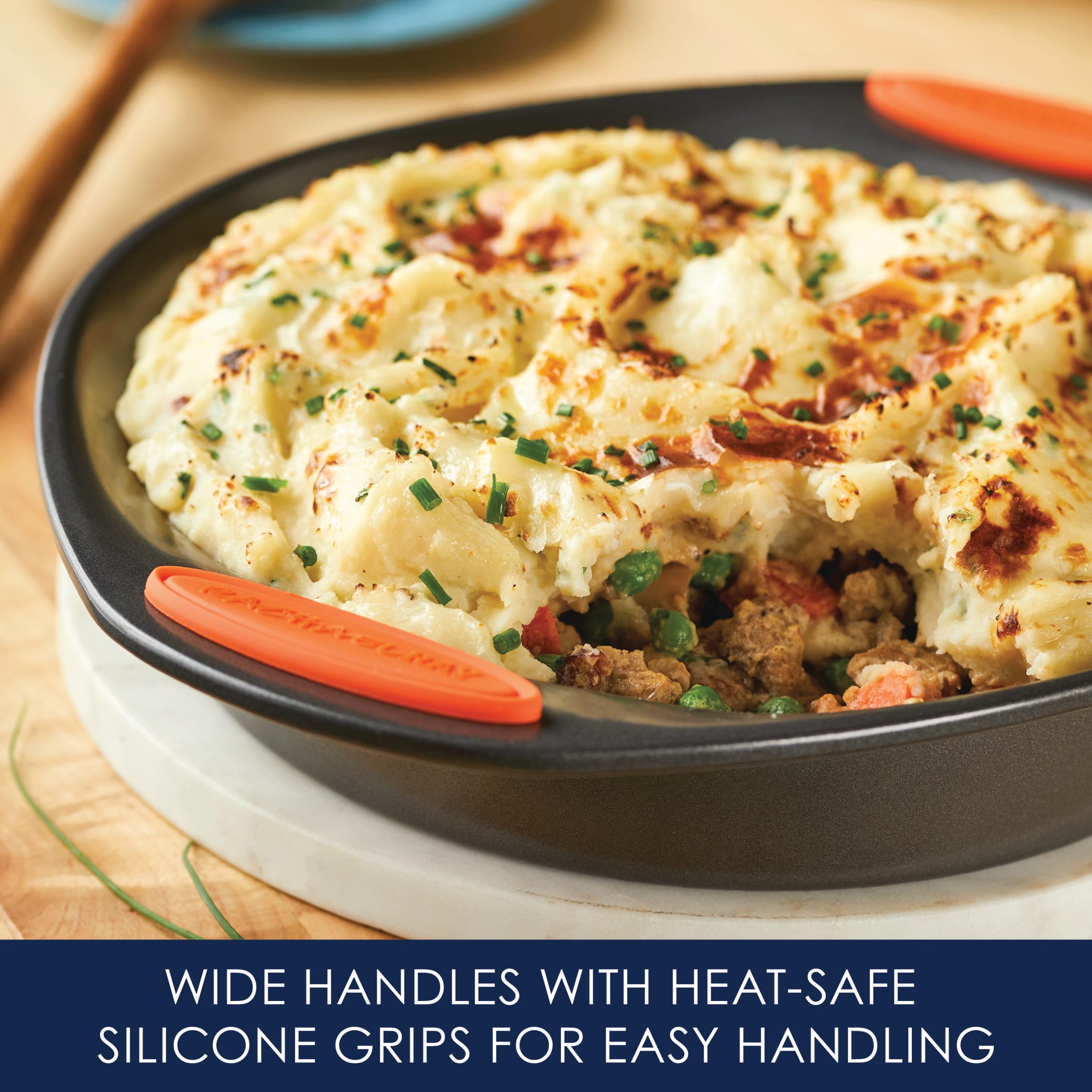 Rachael Ray Yum-o! durable steel bakeware resists warping for reliable use.