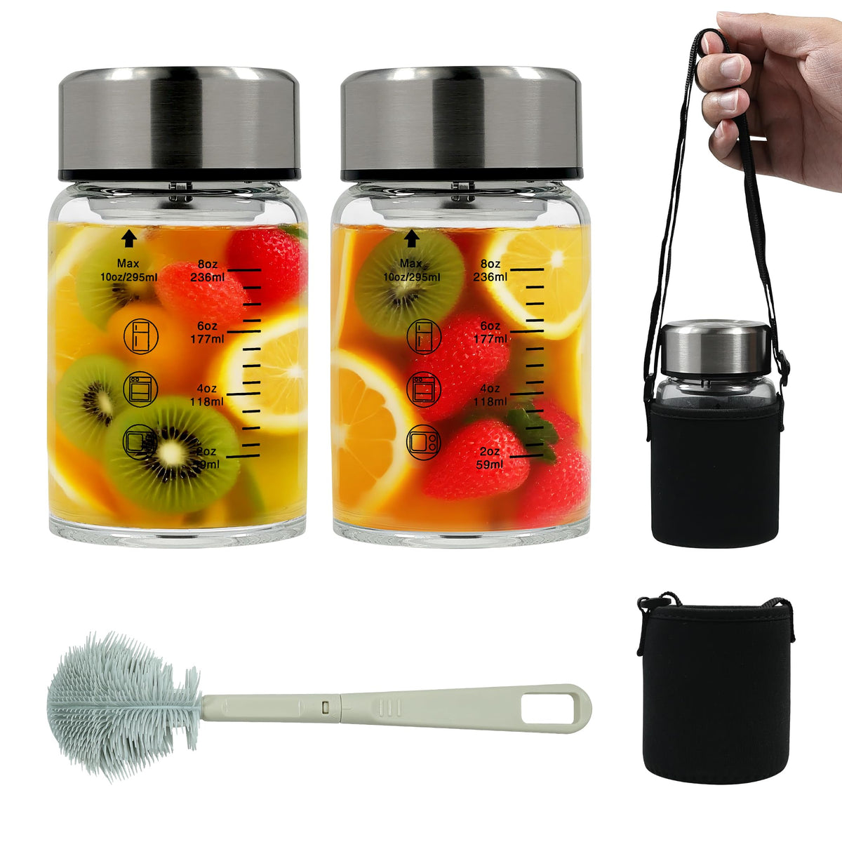 Rackickyer borosilicate juice bottle 10oz front view showing durable glass and leak-proof lid