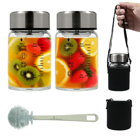 Rackickyer borosilicate juice bottle 10oz front view showing durable glass and leak-proof lid