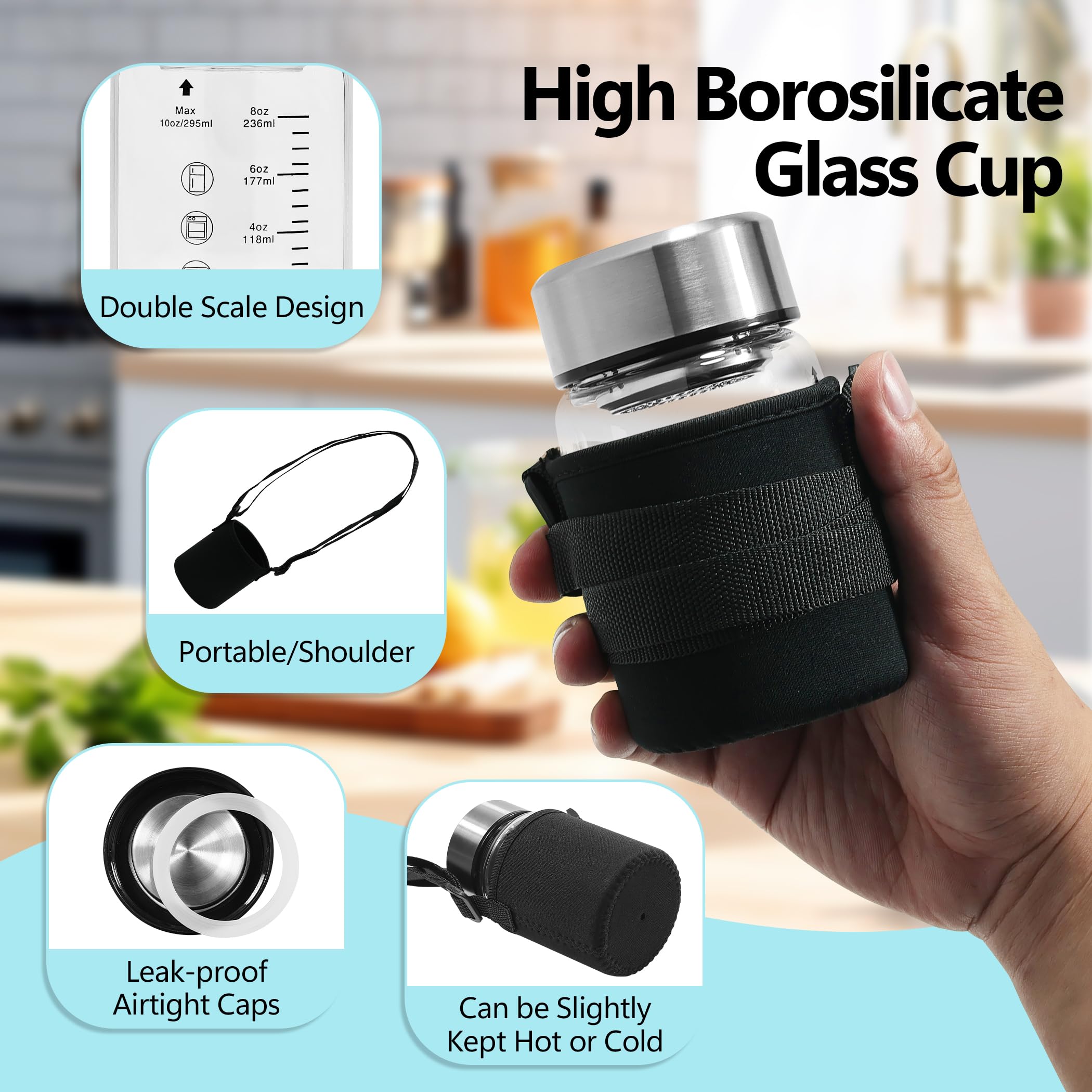 Rackickyer borosilicate juice bottle 10oz with lid and sleeve for portability
