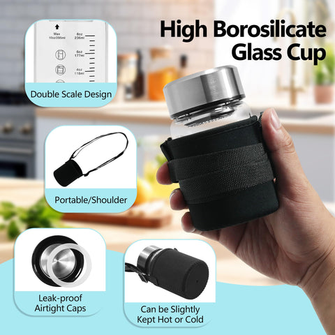 Rackickyer borosilicate juice bottle 10oz with lid and sleeve for portability