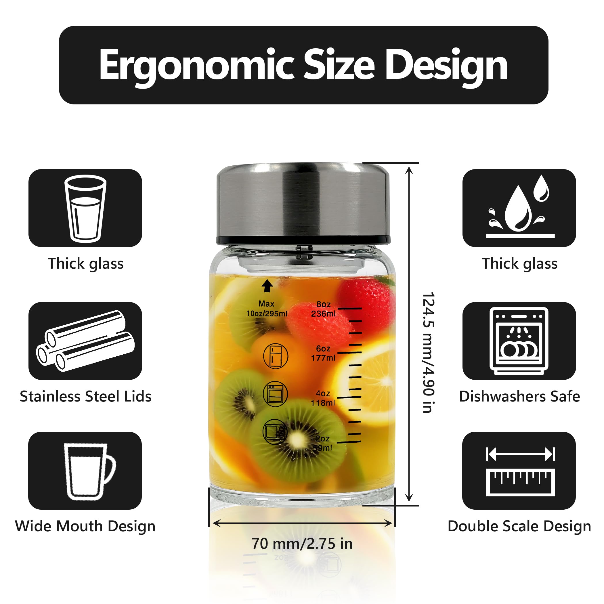 Rackickyer borosilicate juice bottle 10oz side view highlighting wide mouth