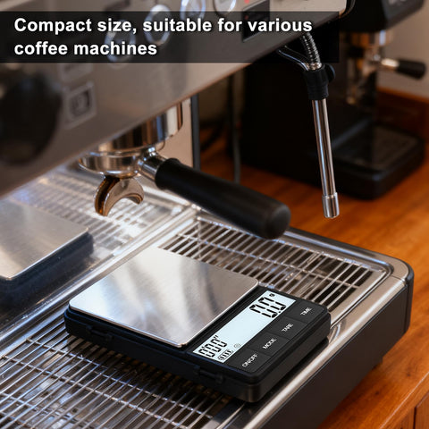 Raclomec coffee scale with built-in timer ideal for timed pours.