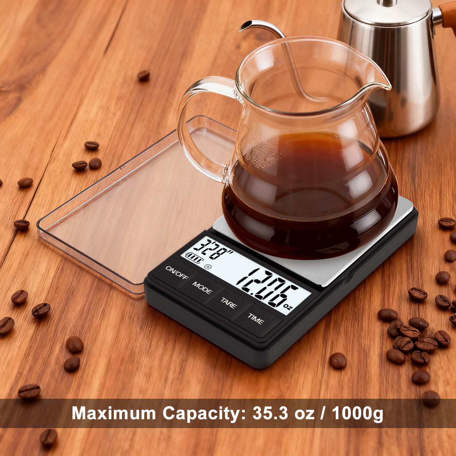 Raclomec coffee scale pocket-size for travel and on-the-go brewing.