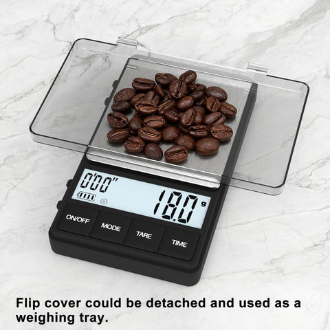 Raclomec coffee scale with removable flip cover used as a weighing tray.