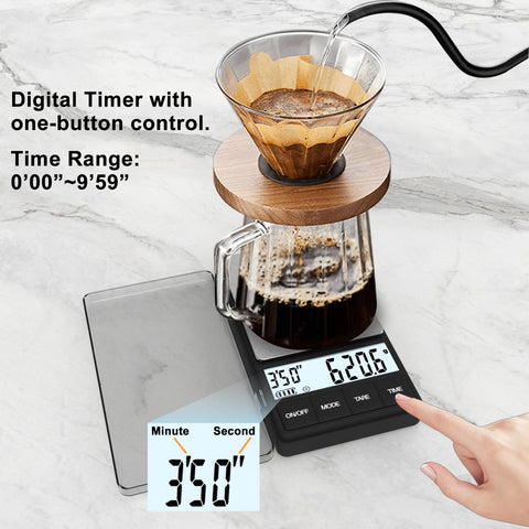 Raclomec coffee scale used to measure spices and powders accurately.