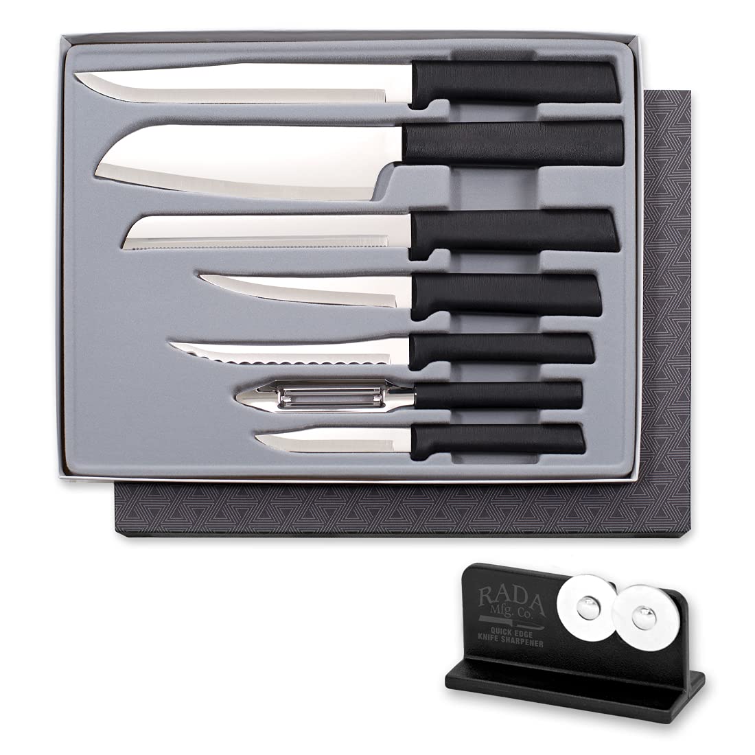 RADA 7-piece starter knife set with hollow-ground blades for precise slicing.
